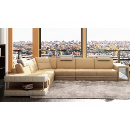 Canapé d'angle en cuir italien 6/7 places JOHN, beige/blanc