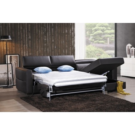 Canapé d'angle convertible en cuir de buffle italien de luxe 5 places ANTHONY, noir, angle droit.
