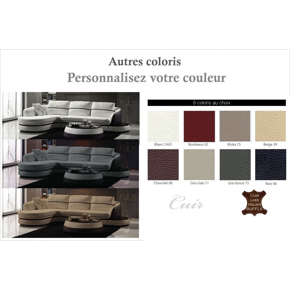 Canapé d'angle cuir Buffle italien 5/6 places GENEVE, table offerte, couleur personnalisée, angle gauche Canapé d'angle cuir Buffle italien 5/6 places GENEVE, table offerte, couleur personnalisée, angle gauche
