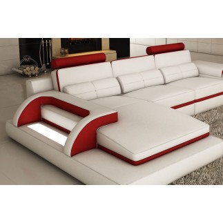 Canapé d'angle en cuir italien 6 places VINOTI, blanc et rouge, angle gauche