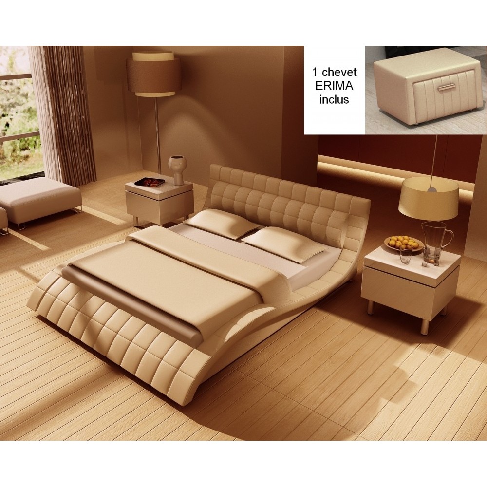 Lit design en cuir italien de luxe BELIA, beige, avec 1 chevet Erima inclus, 140x190 Lit design en cuir italien de luxe BELIA, beige, avec 1 chevet Erima inclus, 140x190