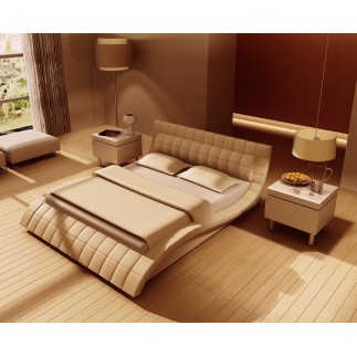 Lit design en cuir italien de luxe BELIA, beige, avec 1 chevet Erima inclus, 140x190