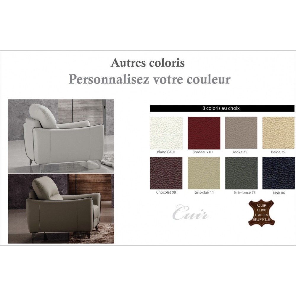 Fauteuil 1 place en cuir italien buffle RIVOLI, couleurs personnalisées. Fauteuil 1 place en cuir italien buffle RIVOLI, couleurs personnalisées.