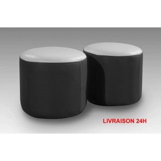 Ensemble de 2 poufs rond en cuir noir et blanc EN STOCK LIVRAISON 24H
