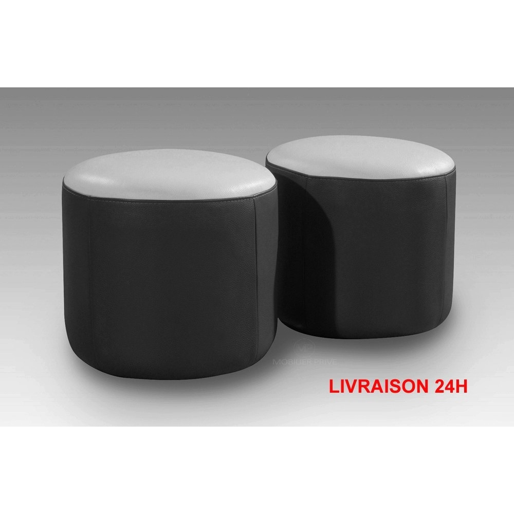 Ensemble de 2 poufs rond en cuir noir et blanc EN STOCK LIVRAISON 24H