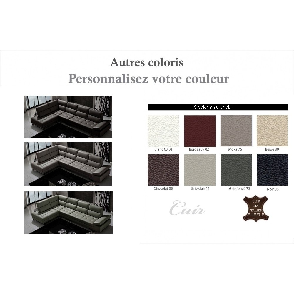 Canapé d'angle en cuir de buffle italien de luxe 6/7 places, GIOVANI, couleur personnalisée, angle gauche Canapé d'angle en cuir de buffle italien de luxe 6/7 places, GIOVANI, couleur personnalisée, angle gauche