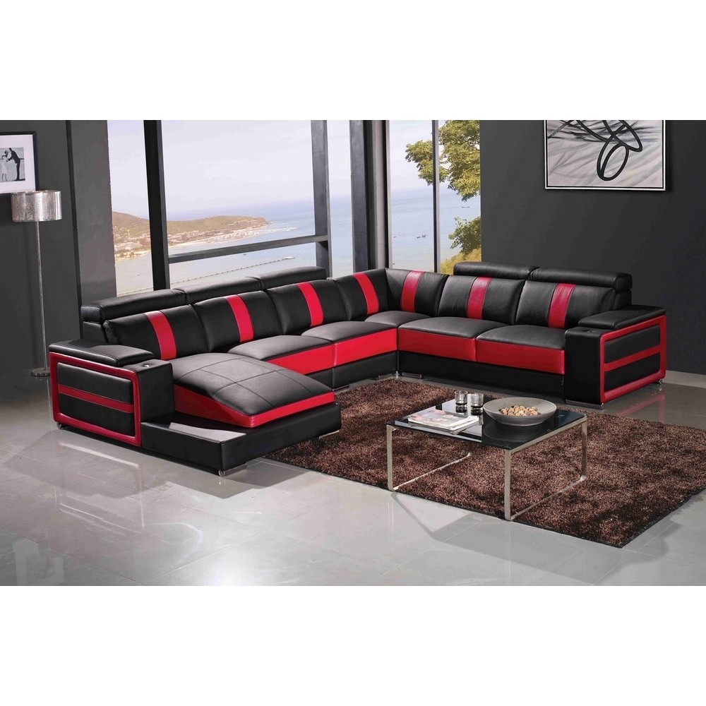 Canapé d'angle cuir buffle italien 7/8 places , LEONARDO, couleur noir et rouge, angle droit Canapé d'angle cuir buffle italien 7/8 places , LEONARDO, couleur noir et rouge, angle droit