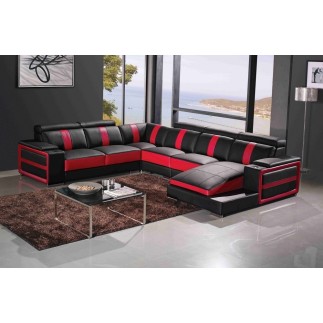 Canapé d'angle cuir buffle italien 7/8 places , LEONARDO, couleur noir et rouge, angle gauche