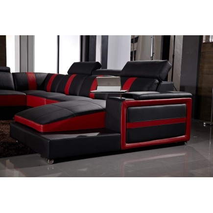 Canapé d'angle cuir buffle italien 7/8 places , LEONARDO, couleur noir et rouge, angle gauche