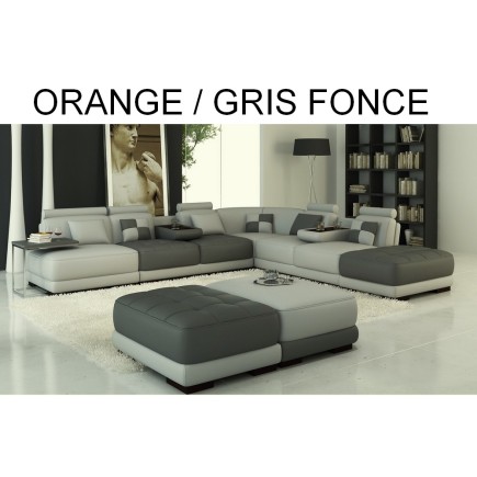 Canapé d'angle STANDING en cuir haut de gamme italien vachette Vénésetti. Cuir supérieur luxe Orange N°767 et Gris foncé N°628.
