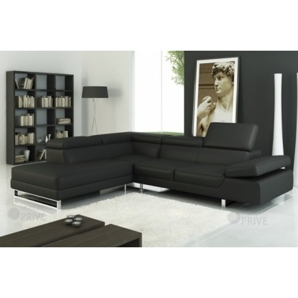 Canapé d'angle en cuir italien 5/6 places Grand GEORGE en stock , noir, angle gauche, livraison sous 7 jours