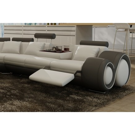 Canapé d'angle en cuir italien 7 places EXCELIA, gris clair et gris foncé. 2 POUFS OFFERTS. Angle gauche.