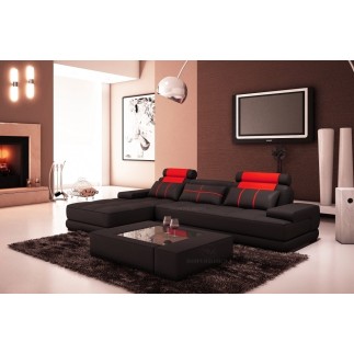 Canapé d'angle en cuir italien 5 places ELIXA, noir et rouge, angle gauche