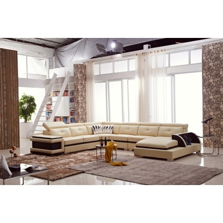 - Canapé d'angle cuir buffle italien 7/8 places, BELLISSIMO, beige et chocolat, angle gauche