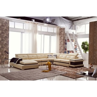 Canapé d'angle cuir buffle italien 7/8 places , BELLISSIMO, beige et chocolat, angle droit