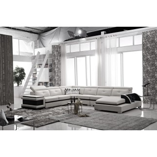 - Canapé d'angle cuir buffle italien 7/8 places, BELLISSIMO, blanc et noir, angle gauche