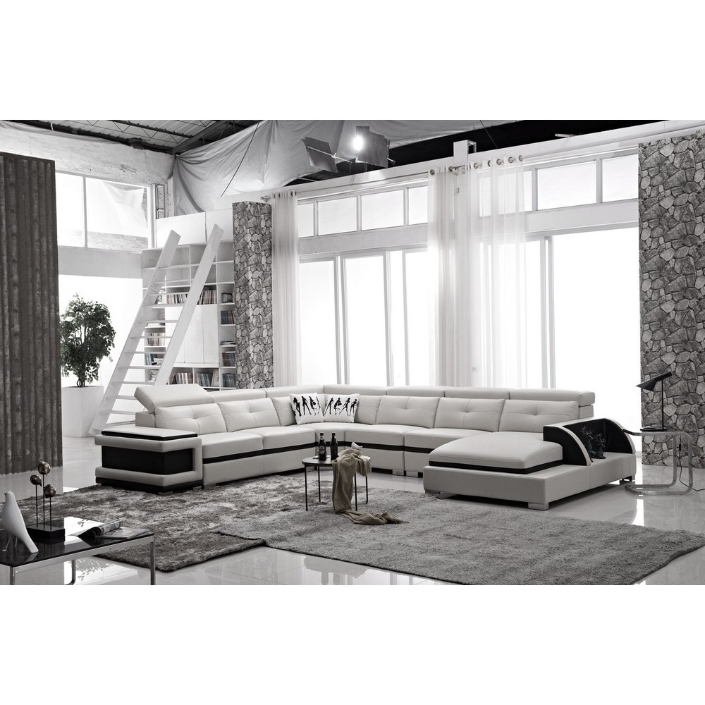 - Canapé d'angle cuir buffle italien 7/8 places, BELLISSIMO, blanc et noir, angle gauche - Canapé d'angle cuir buffle italien 7/8 places, BELLISSIMO, blanc et noir, angle gauche