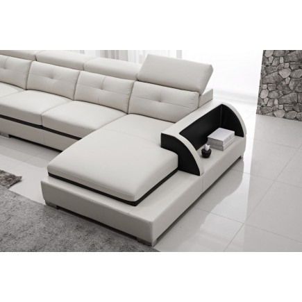 - Canapé d'angle cuir buffle italien 7/8 places, BELLISSIMO, blanc et noir, angle gauche