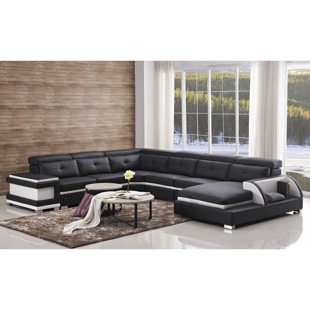 - Canapé d'angle cuir buffle italien 7/8 places, BELLISSIMO, noir et blanc, angle gauche
