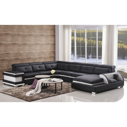 - Canapé d'angle cuir buffle italien 7/8 places, BELLISSIMO, noir et blanc, angle gauche