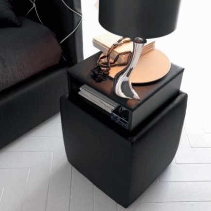Table de nuit pouf ARES Cuir supérieur italien Dessus Verre - Noir