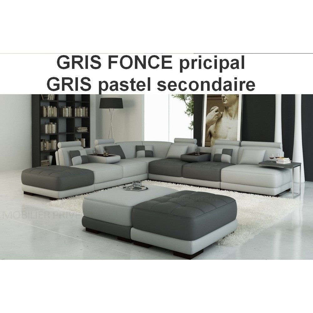 Canapé d'angle STANDING en cuir haut de gamme italien vachette Vénésetti. Cuir supérieur luxe Gris foncé N°628 Gris pastel. Angl