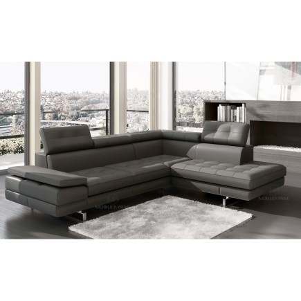 Canapé d'angle en cuir italien 6 places MODA, gris foncé