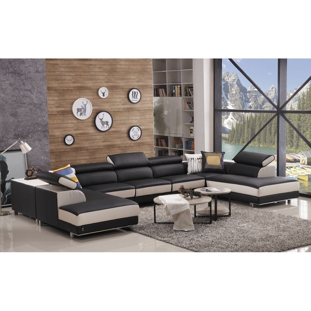 Canapé d'angle en cuir buffle italien de luxe 8/9 places GIANT, noir et blanc Canapé d'angle en cuir buffle italien de luxe 8/9 places GIANT, noir et blanc