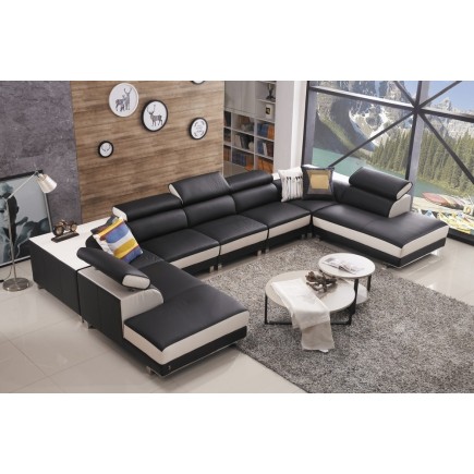 Canapé d'angle en cuir buffle italien de luxe 8/9 places GIANT, noir et blanc
