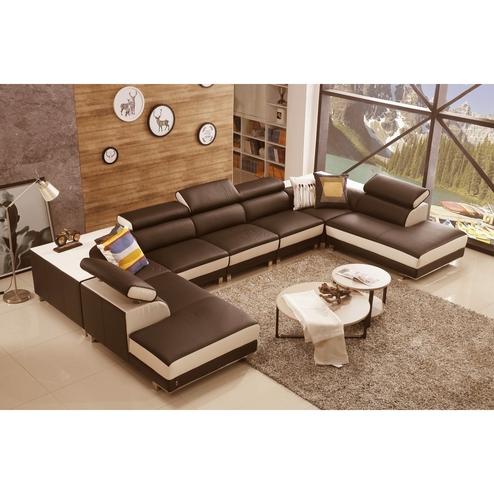 Canapé d'angle en cuir buffle italien de luxe 8/9 places GIANT, chocolat et beige Canapé d'angle en cuir buffle italien de luxe 8/9 places GIANT, chocolat et beige