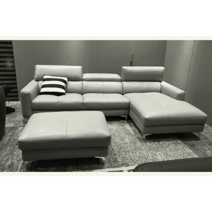 Canapé d'angle en cuir buffle italien de luxe, 5 places ARMANO, gris clair, angle droit