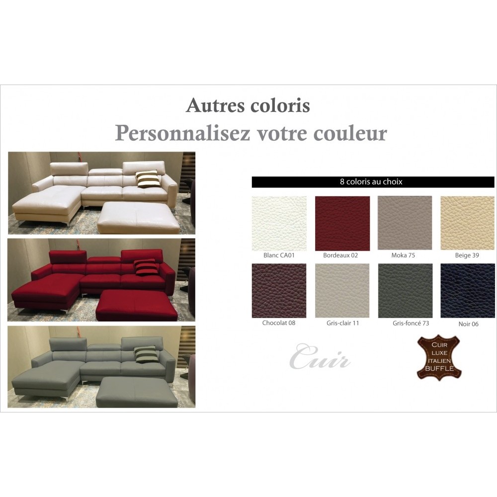 Canapé d'angle en cuir buffle italien de luxe 5 places ARMANO, couelur personnalisée, angle gauche Canapé d'angle en cuir buffle italien de luxe 5 places ARMANO, couelur personnalisée, angle gauche