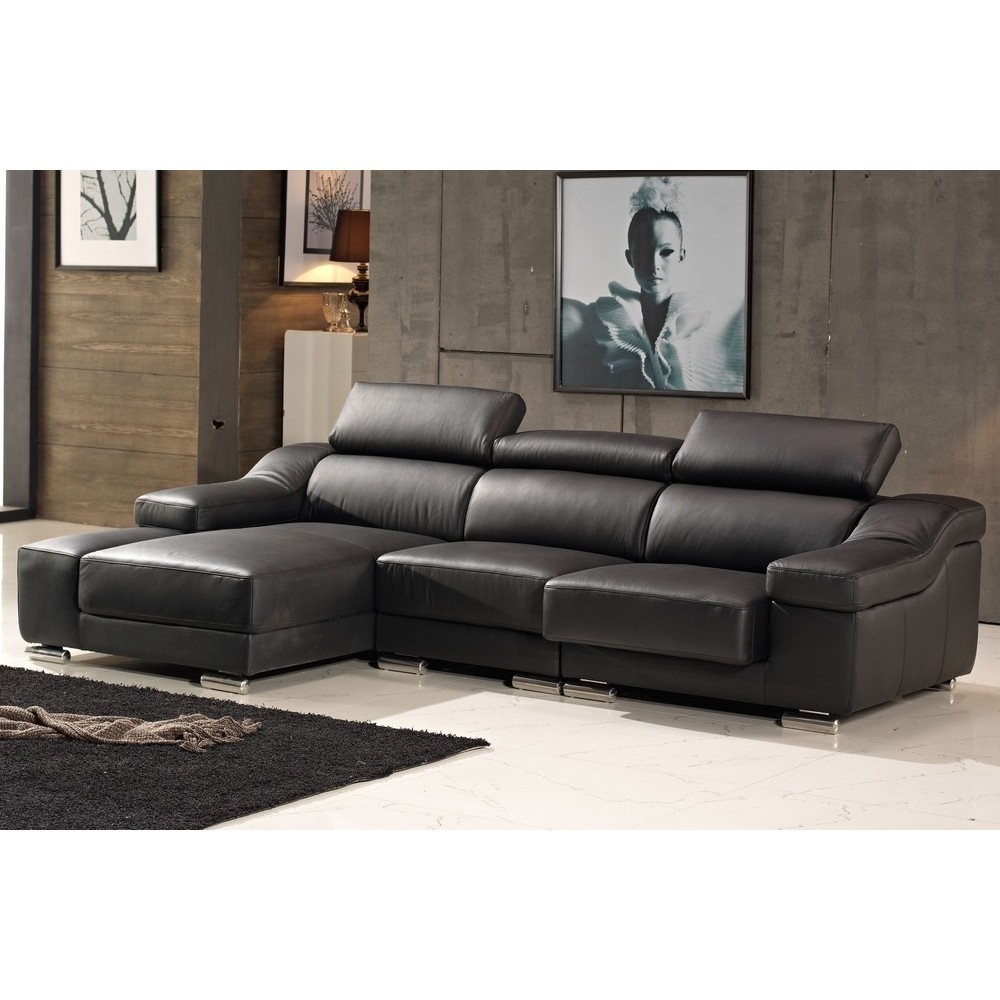 Canapé d'angle cuir buffle italien BONITO couleur noir, angle gauche, 5 places