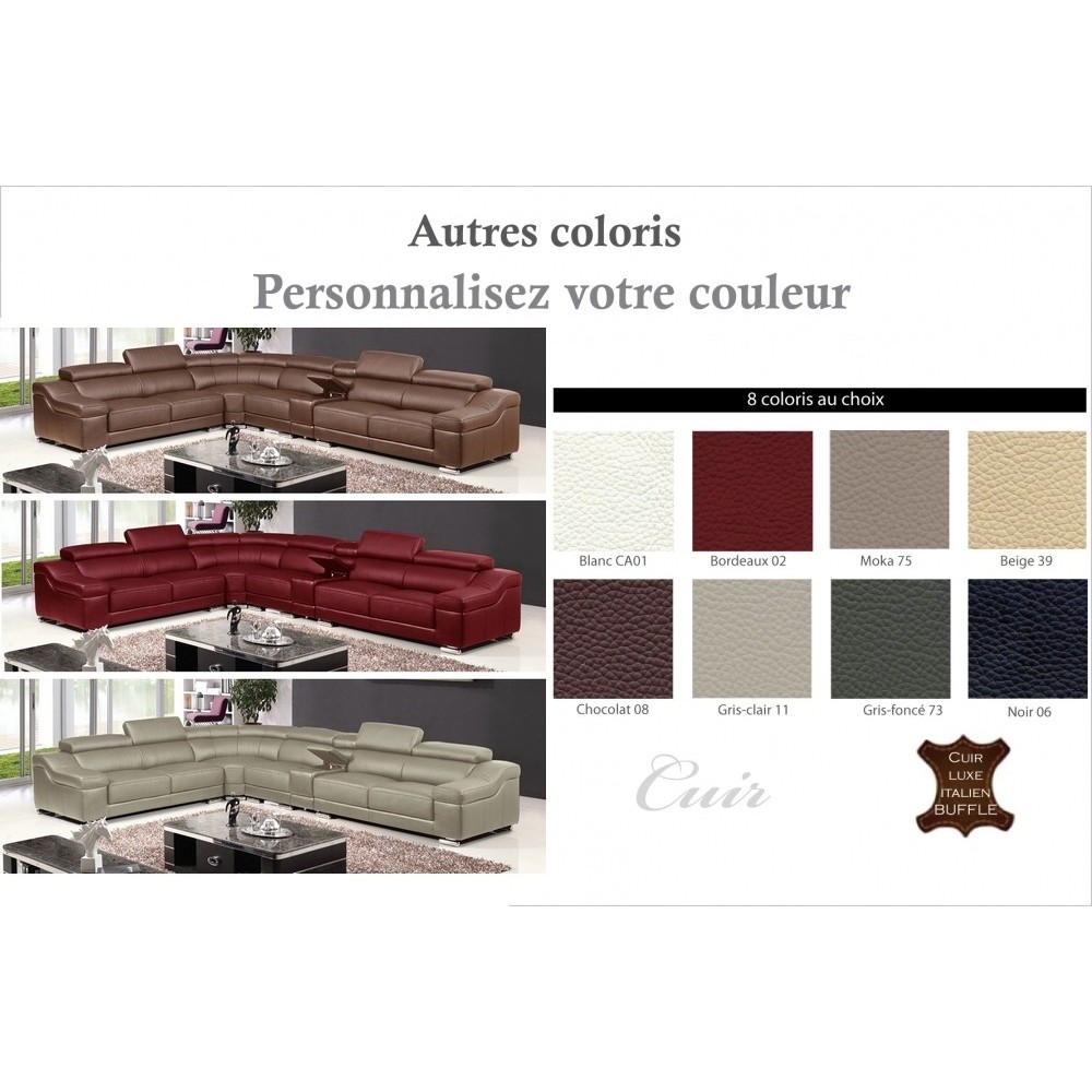 Canapé d'angle en cuir buffle italien de luxe 7 places LONDRES couleur personnalisée, angle gauche Canapé d'angle en cuir buffle italien de luxe 7 places LONDRES couleur personnalisée, angle gauche