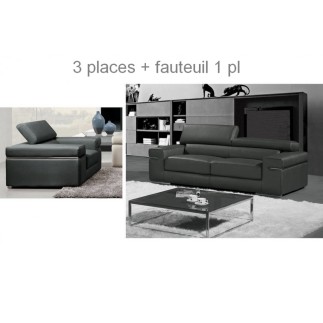 Ensemble composé d'un canapé 3 places et d'un fauteuil 1 place en cuir luxe italien, ALONSO, gris foncé