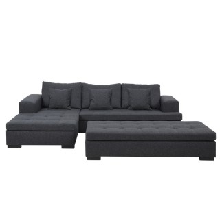 Canapé d'angle en tissu de qualité BONY, gris foncé, avec pouf-banquette, angle gauche