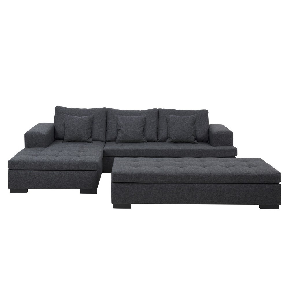 Canapé d'angle en tissu de qualité BONY, gris foncé, avec pouf-banquette, angle gauche Canapé d'angle en tissu de qualité BONY, gris foncé, avec pouf-banquette, angle gauche