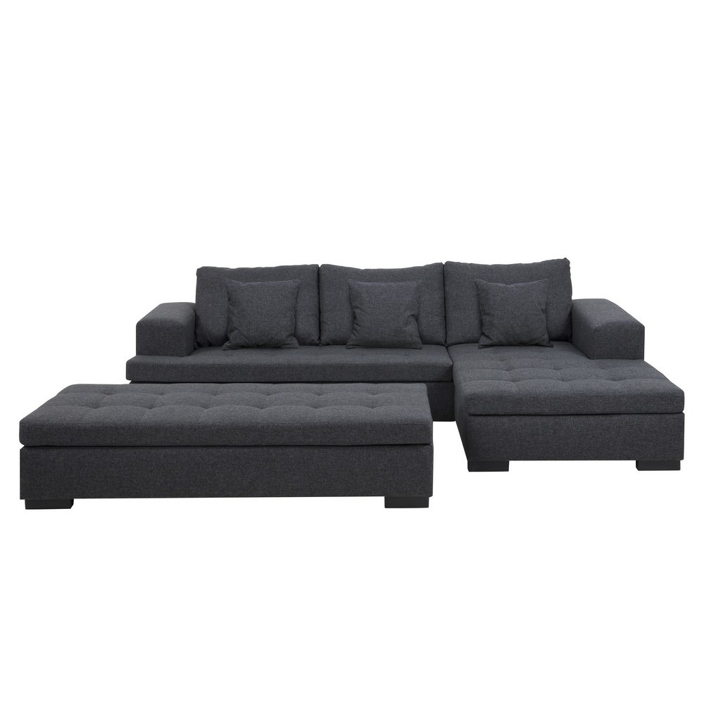 Canapé d'angle en tissu de qualité, BONY gris foncé, avec pouf-banquette, angle droit Canapé d'angle en tissu de qualité, BONY gris foncé, avec pouf-banquette, angle droit