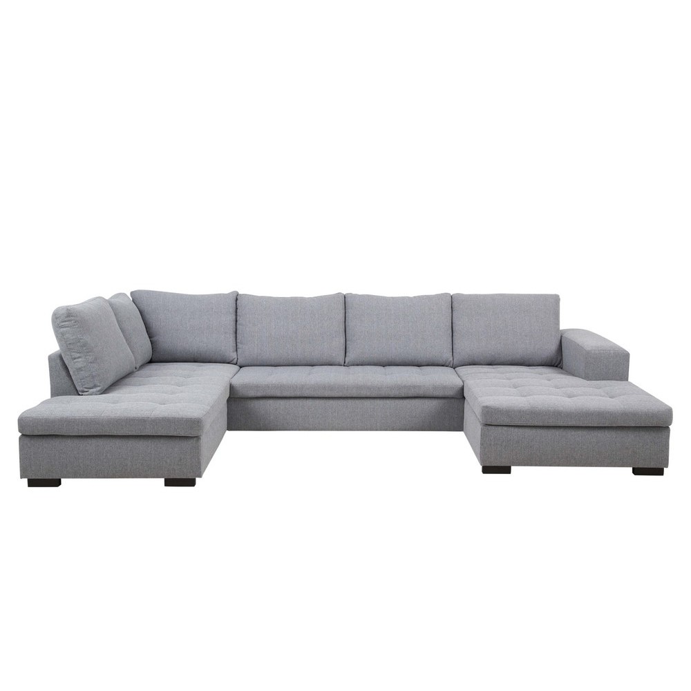 Canapé d'angle panoramique en tissu de qualité 6/7 places BOSTAR, gris clair avec méridienne, angle gauche et méridienne à droit Canapé d'angle panoramique en tissu de qualité 6/7 places BOSTAR, gris clair avec méridienne, angle gauche et méridienne à droit