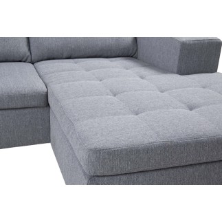 Canapé d'angle panoramique en tissu de qualité 6/7 places BOSTAR, gris clair avec méridienne, angle gauche et méridienne à droit