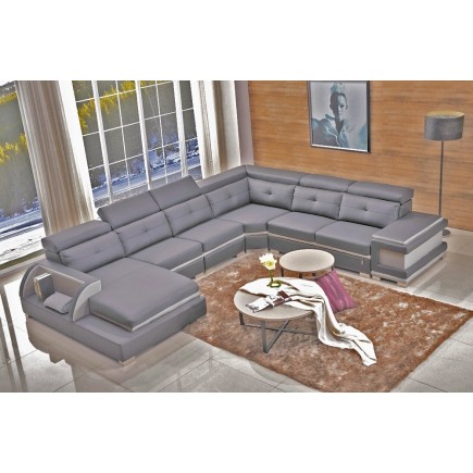 COMMANDE PERSONNALISEE Canapé d'angle cuir buffle epais italien 7/8 places, GRAND BELLISSIMO,GRIS FONCE - GRIS CLAIR AG06 , angl