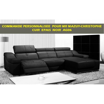 COMMANDE PERSONNALISEE Canapé d'angle double relax en CUIR EPAIS de buffle italien de luxe 5 places BiRELAX, NOIR AG03 - CUIR EP