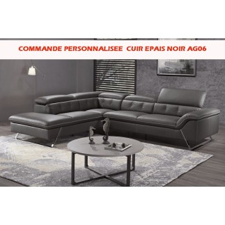 COMMANDE PERSONNALISEE Canapé d'angle en cuir EPAIS de buffle italien de luxe 5/6 places VIDA, noir AG06, angle gauche