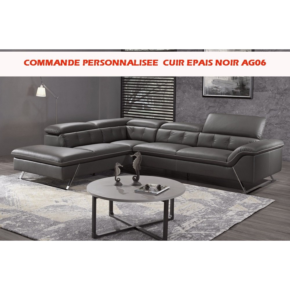 COMMANDE PERSONNALISEE Canapé d'angle en cuir EPAIS de buffle italien de luxe 5/6 places VIDA, noir AG06, angle gauche