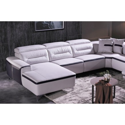 Canapé d'angle relax électrique en cuir buffle italien de luxe COMBIRELAX, blanc et noir, angle droit, 7/8 places