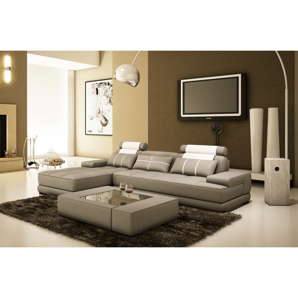 Canapé d'angle en cuir italien 5 places ELIXA, gris clair pastel et blanc, angle gauche Canapé d'angle en cuir italien 5 places ELIXA, gris clair pastel et blanc, angle gauche