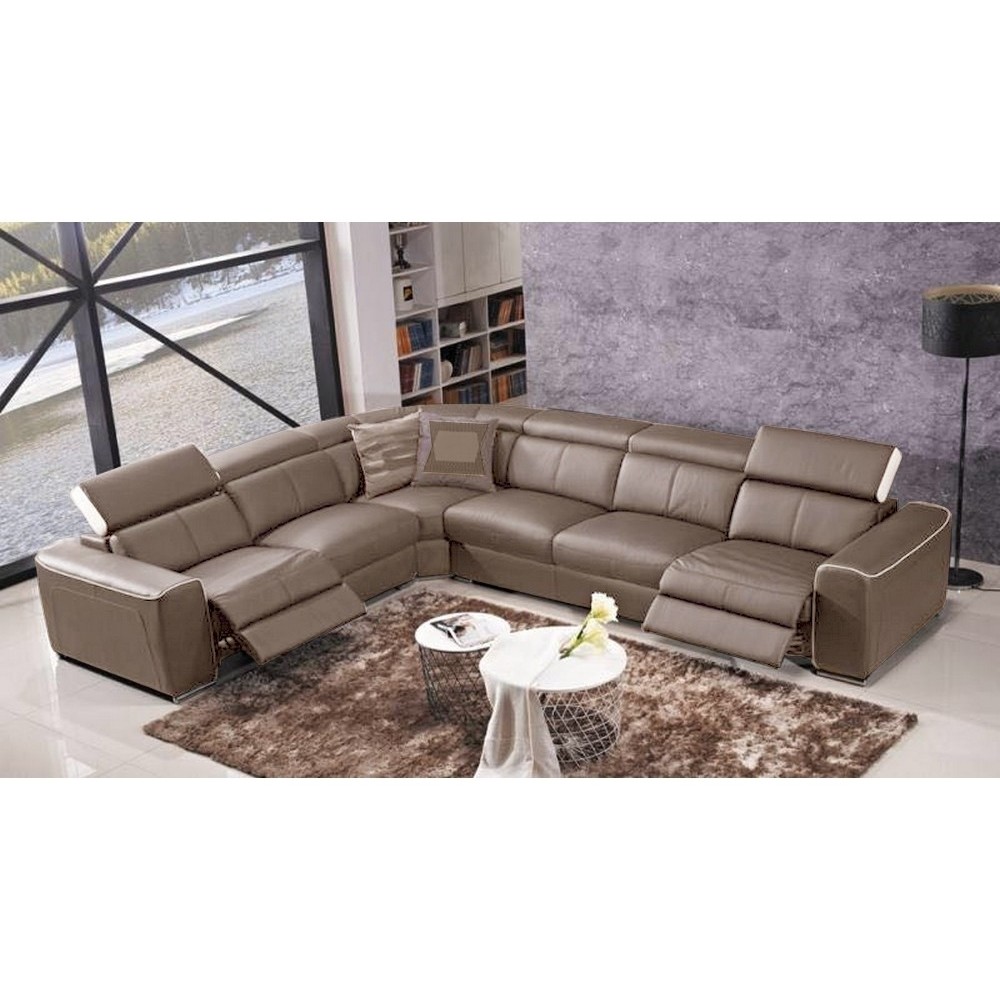 Canapé d'angle double relax électrique en cuir de buffle italien de luxe 7/8 places BESTRELAX moka et blanc, angle gauche, Canapé d'angle double relax électrique en cuir de buffle italien de luxe 7/8 places BESTRELAX moka et blanc, angle gauche,