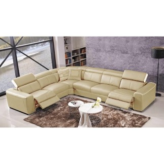 Canapé d'angle double relax électrique en cuir de buffle italien de luxe 7/8 places BESTRELAX beige et blanc, angle gauche,