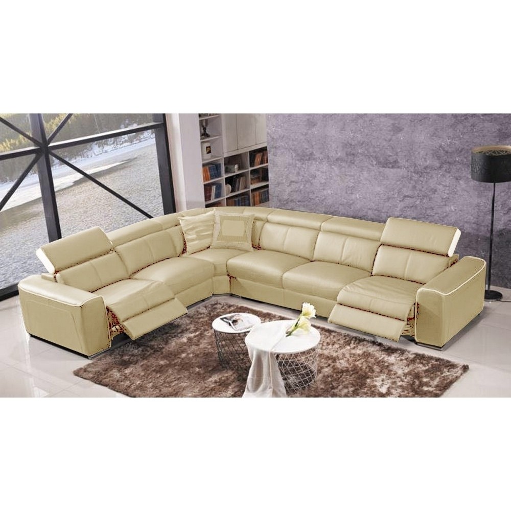 Canapé d'angle double relax électrique en cuir de buffle italien de luxe 7/8 places BESTRELAX beige et blanc, angle gauche, Canapé d'angle double relax électrique en cuir de buffle italien de luxe 7/8 places BESTRELAX beige et blanc, angle gauche,