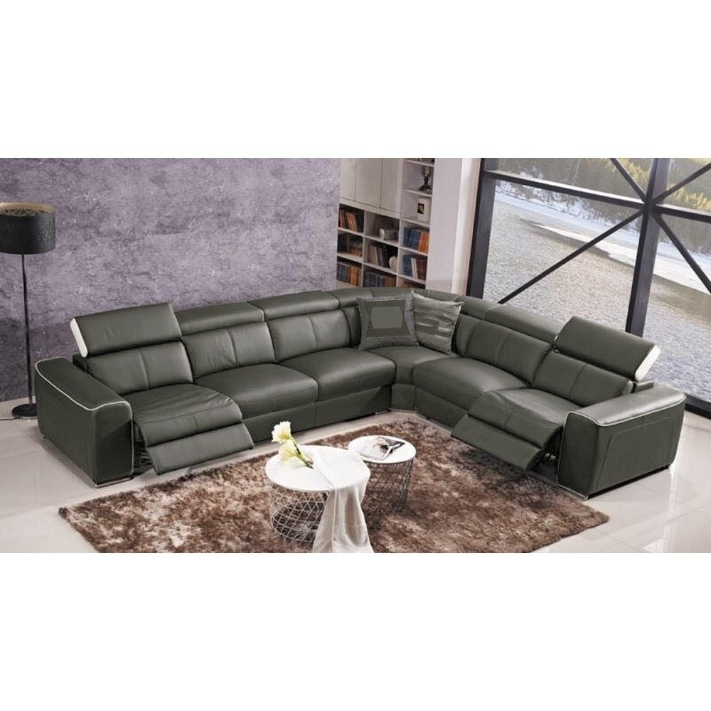 Canapé d'angle double relax électrique en cuir de buffle italien de luxe 7/8 places BESTRELAX, gris foncé et blanc, angle droit, Canapé d'angle double relax électrique en cuir de buffle italien de luxe 7/8 places BESTRELAX, gris foncé et blanc, angle droit,